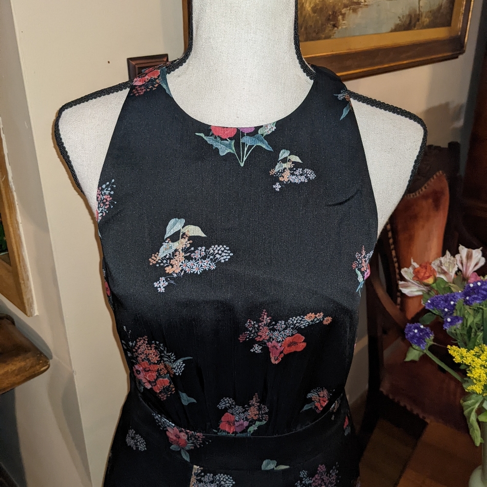 Ted Baker Black Floral A-Line Midi Dress with Pink & Green Accents - Picture 3 of 9